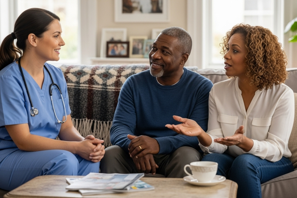 blue water-caregiver and couple on couch - Blue Water Homecare caregiver and couple on couch