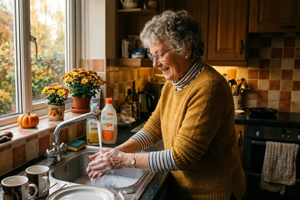 BlueWater-Sep26-Blog 1 - Blue Water Homecare older woman washing her hands in the kitchen sink